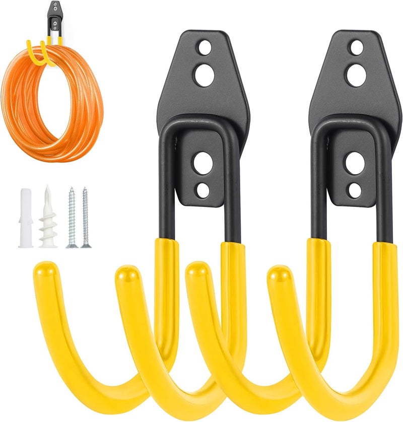 Pruite Hose Hanger Wall Mount 2 Pack,Heavy Duty Hose Holder with Screws Metal Hose Hangers for Outside,Hose Rack Suitable for Garage,Garden and Yard,Yellow - Image 1